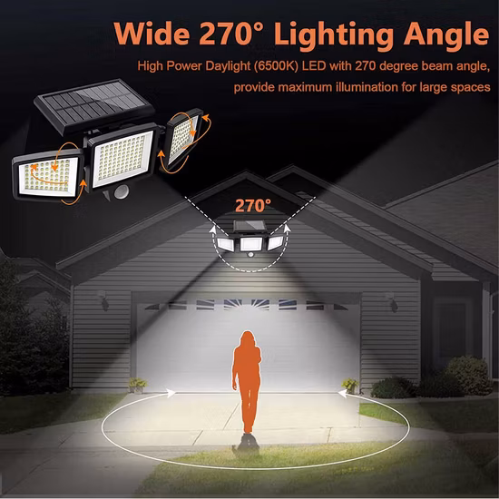 Ângulo de feixe ajustável tudo em uma lâmpada LED solar com sensor de movimento PIR para paredes externas, escadas, garagens